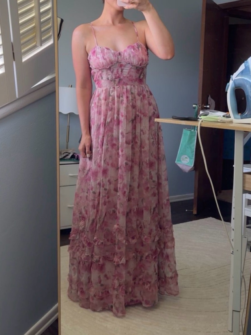 Lulu's Pink Floral Spaghetti-Strap Maxi Dress with Slit - Picture 3 of 4